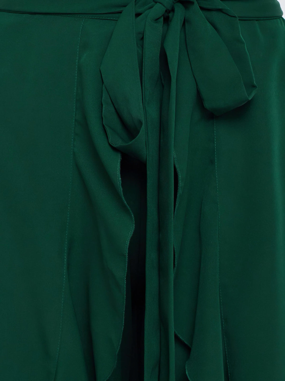 HESHA GREEN SOLID RUFFLED WRAP MAXI SKIRT WITH ATTACHED PALAZZO