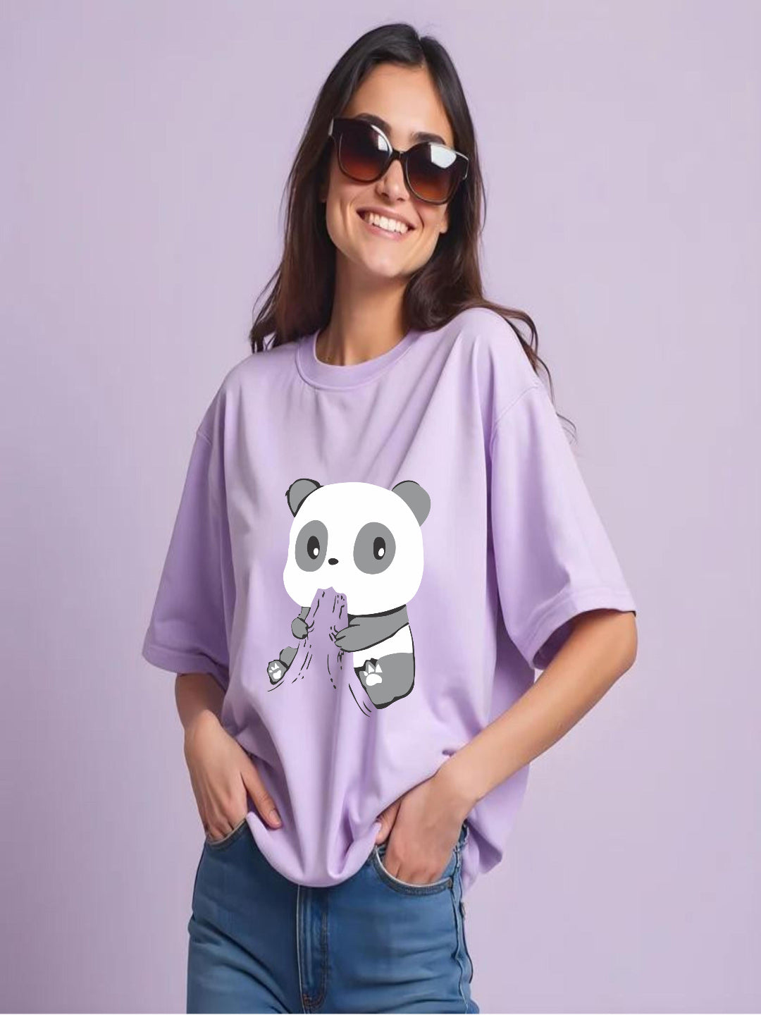 HESHA HUNGRY PANDA WOMEN OVERSIZE PRINTED TSHIRT