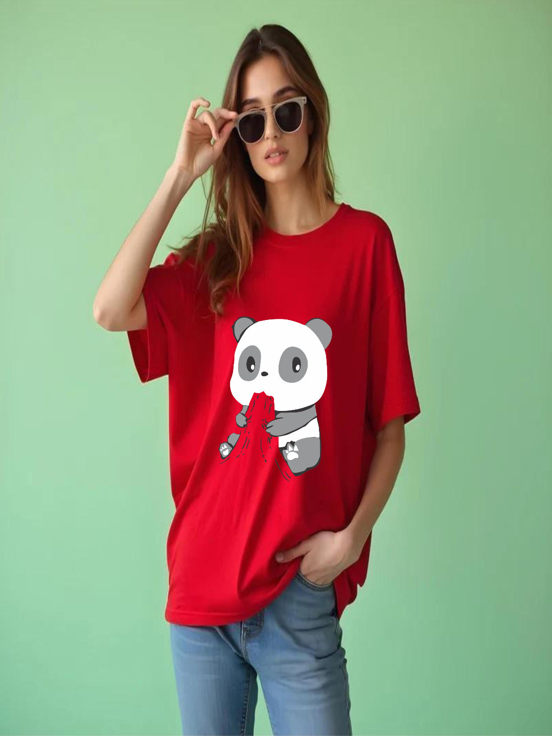 HESHA HUNGRY PANDA WOMEN OVERSIZE PRINTED TSHIRT