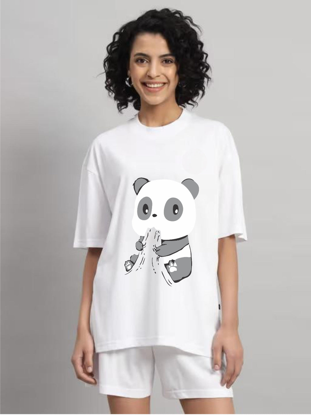 HESHA HUNGRY PANDA WOMEN OVERSIZE PRINTED TSHIRT