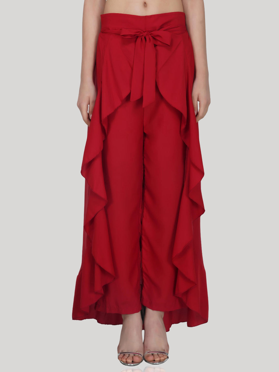 HESHA MAROON SOLID RUFFLED WRAP MAXI SKIRT WITH ATTACHED PALAZZO