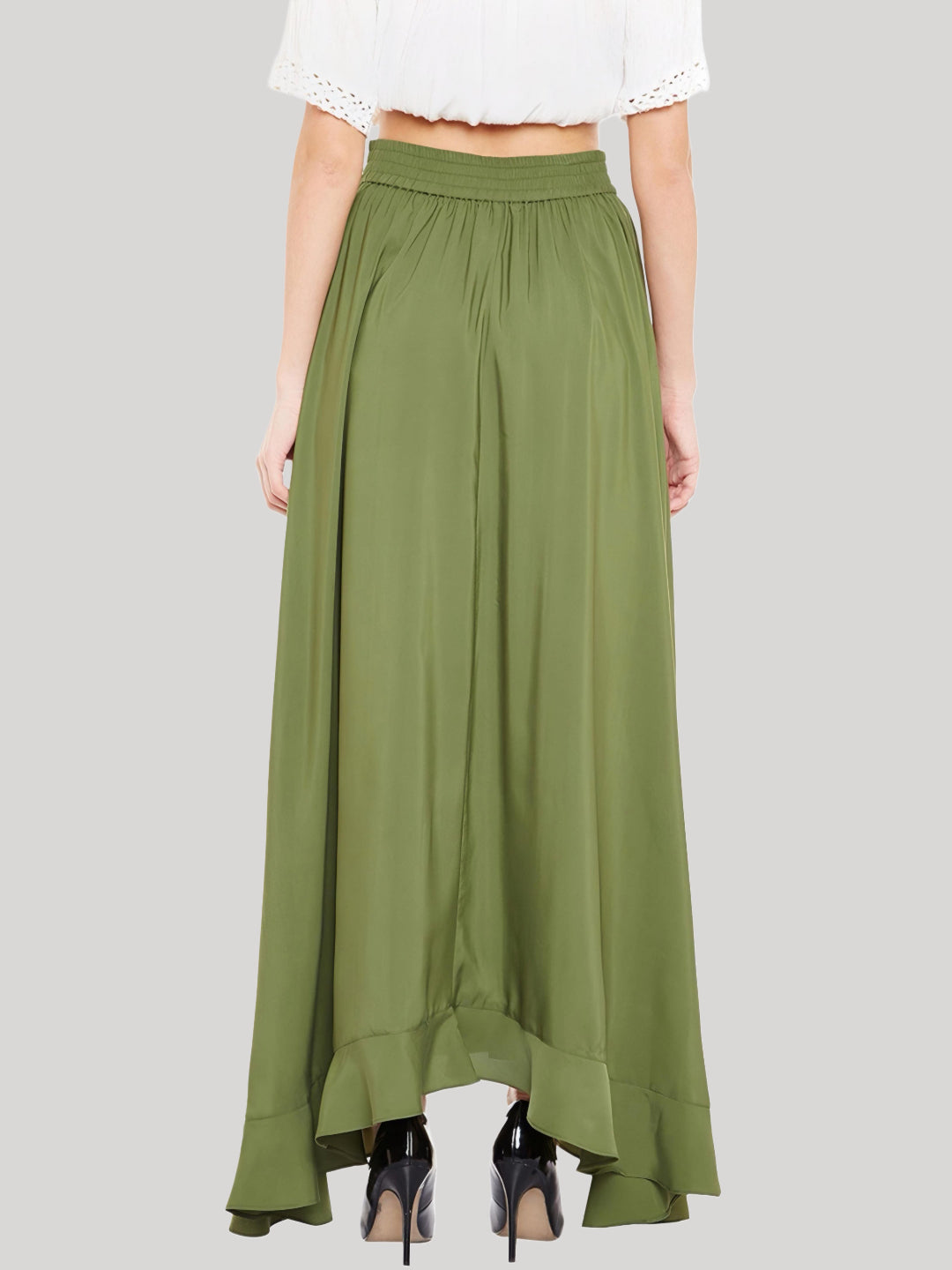 HESHA OLIVE SOLID RUFFLED WRAP MAXI SKIRT WITH ATTACHED PALAZZO
