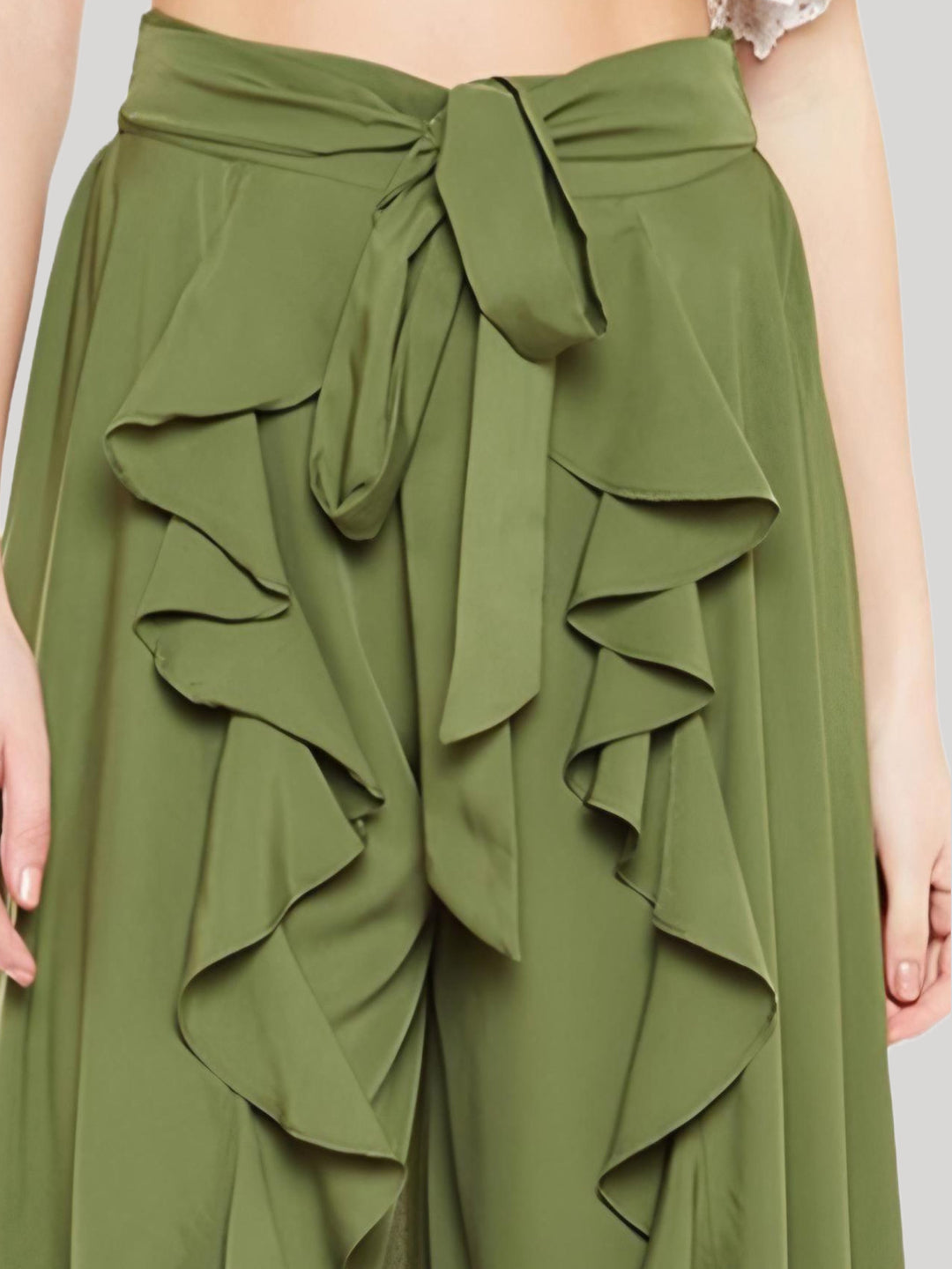 HESHA OLIVE SOLID RUFFLED WRAP MAXI SKIRT WITH ATTACHED PALAZZO