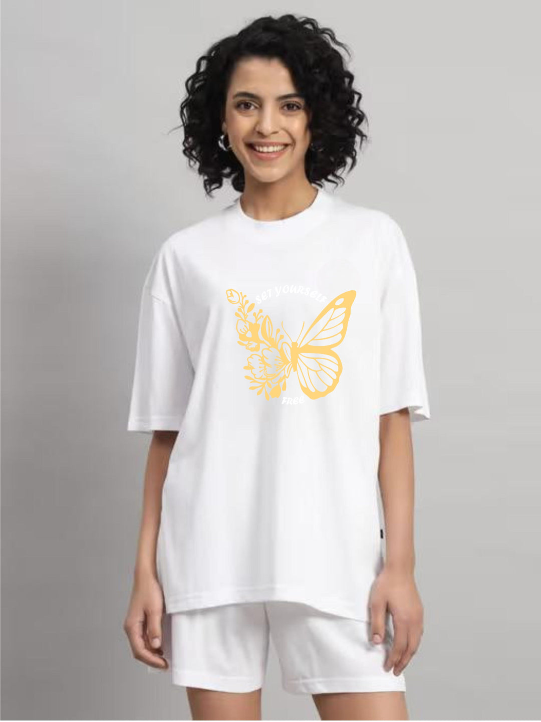 HESHA SET YOUR SELF BATERFLY WOMEN OVERSIZE PRINTED TSHIRT
