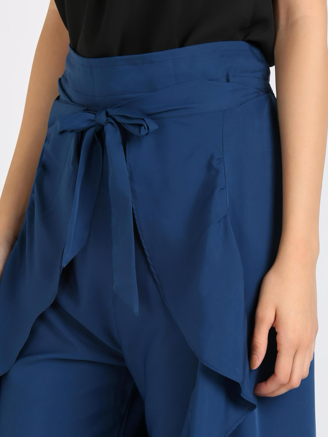 HESHA TEAL BLUE SOLID RUFFLED WRAP MAXI SKIRT WITH ATTACHED PALAZZO
