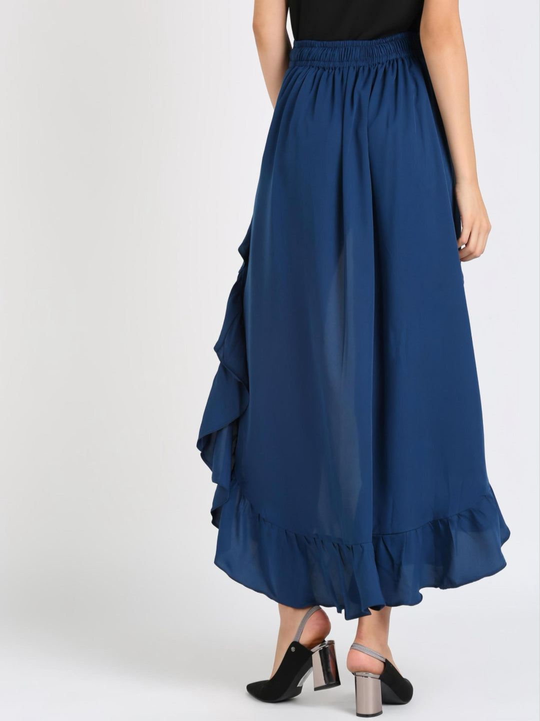HESHA TEAL BLUE SOLID RUFFLED WRAP MAXI SKIRT WITH ATTACHED PALAZZO