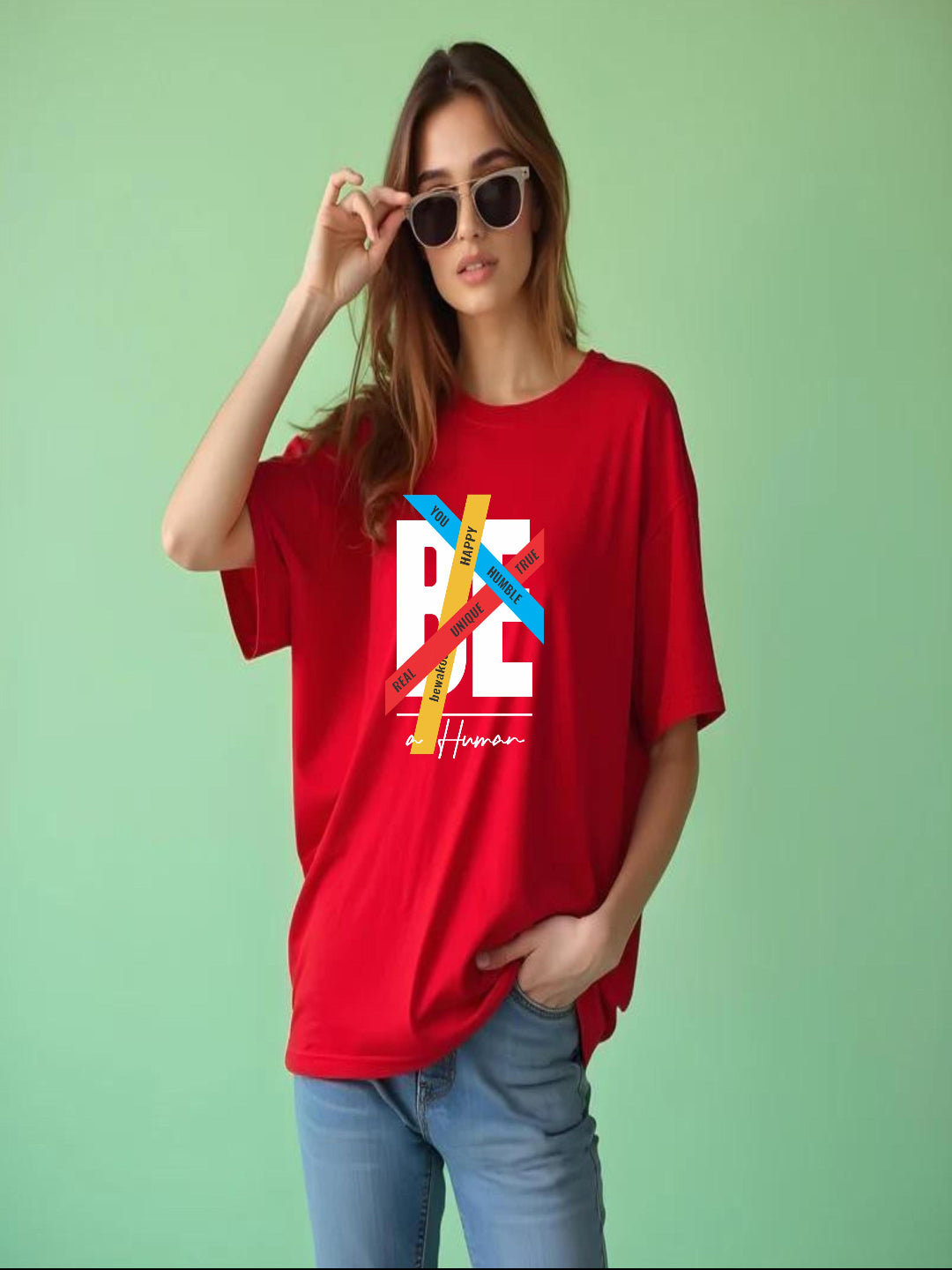 HESHA BE A HUMAN WOMEN OVERSIZE PRINTED TSHIRT
