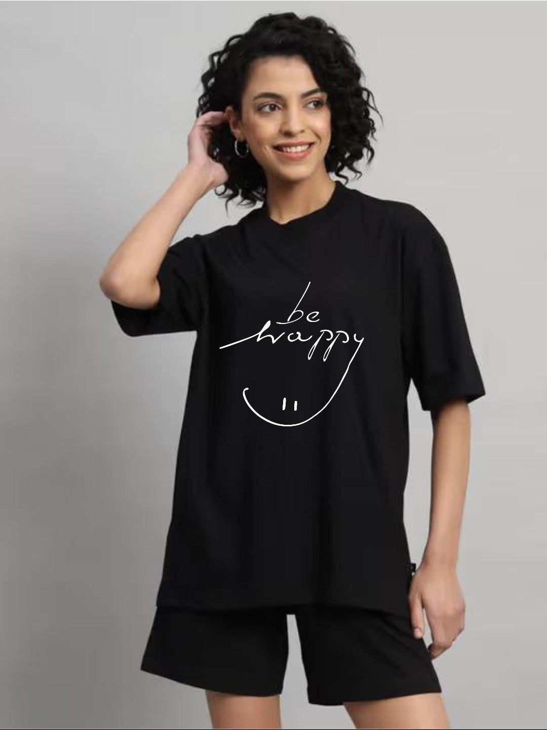 HESHA BE HAPPY WOMEN OVERSIZE PRINTED TSHIRT