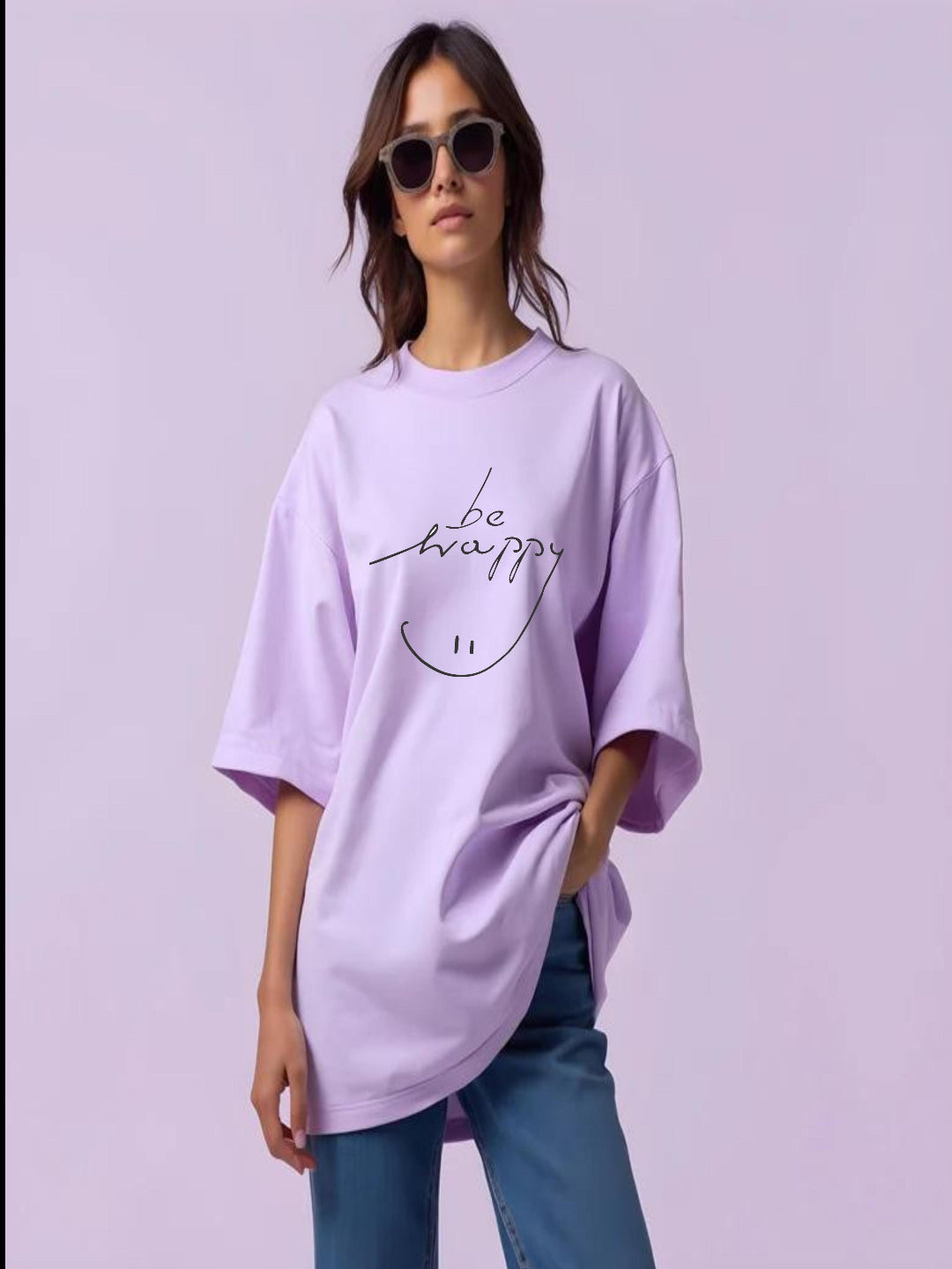 HESHA BE HAPPY WOMEN OVERSIZE PRINTED TSHIRT