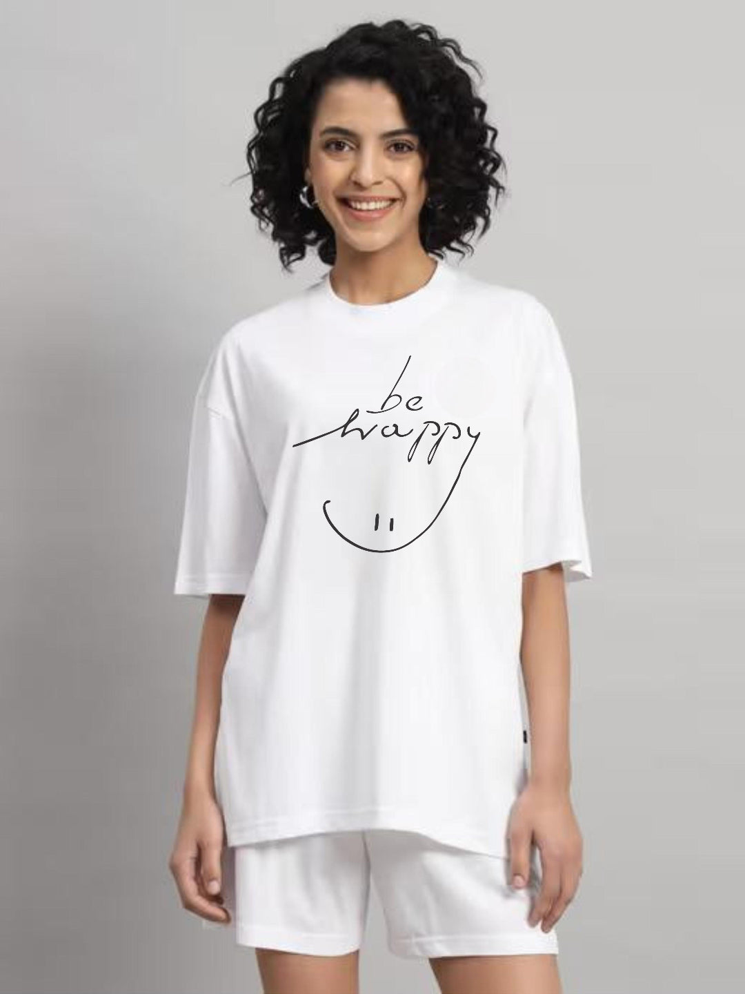 HESHA BE HAPPY WOMEN OVERSIZE PRINTED TSHIRT