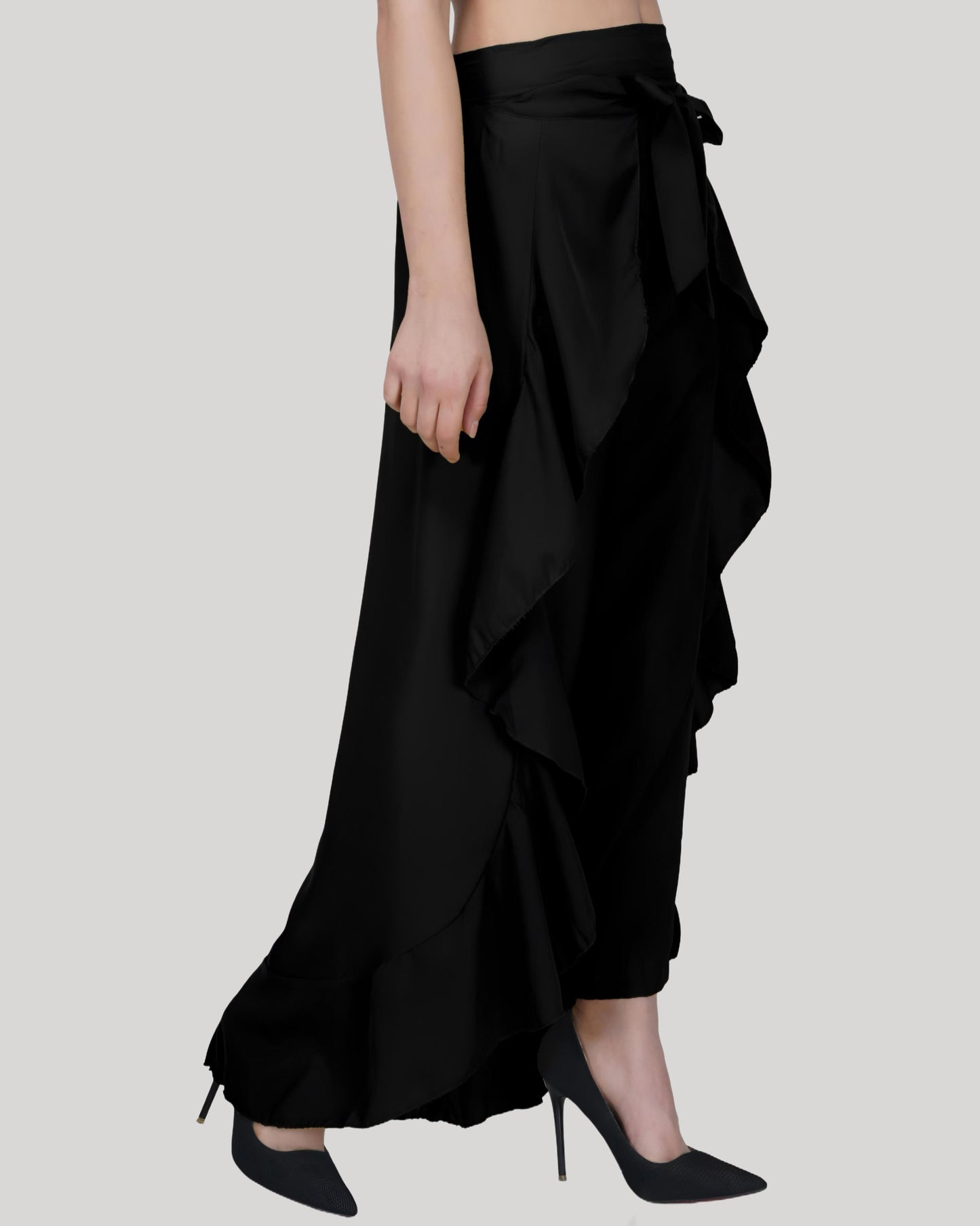 HESHA BLACK SOLID RUFFLED WRAP MAXI SKIRT WITH ATTACHED PALAZZO