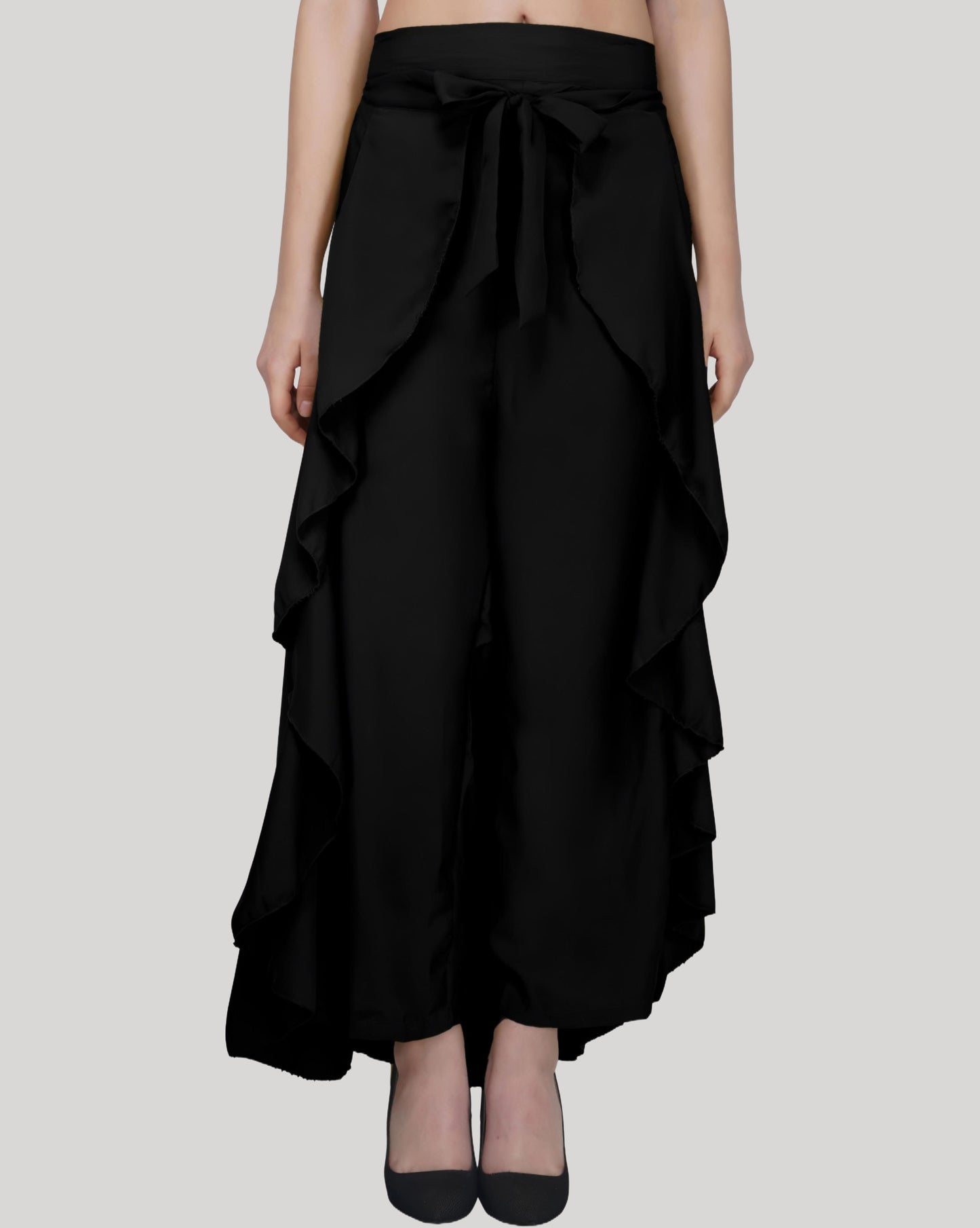 HESHA BLACK SOLID RUFFLED WRAP MAXI SKIRT WITH ATTACHED PALAZZO