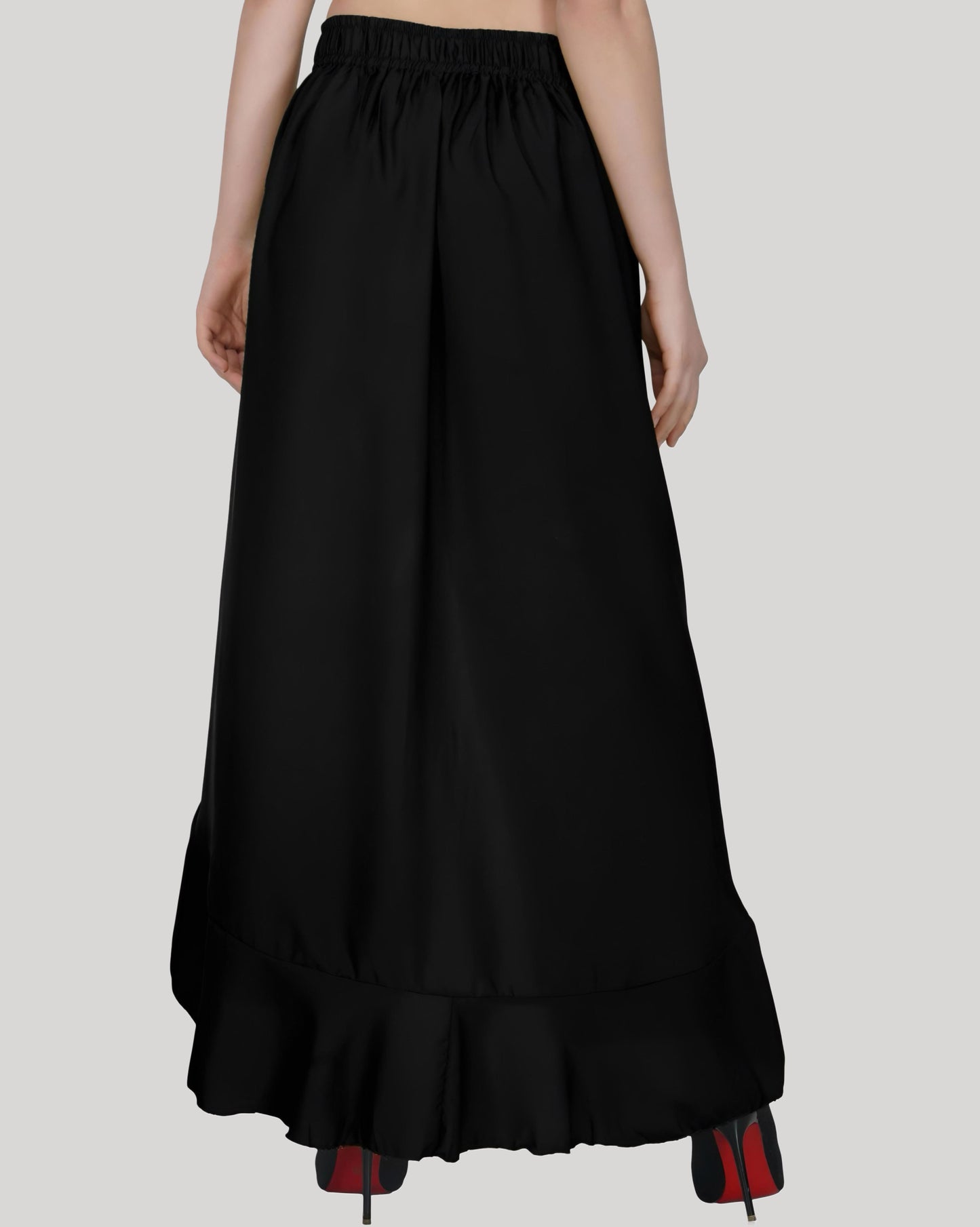 HESHA BLACK SOLID RUFFLED WRAP MAXI SKIRT WITH ATTACHED PALAZZO