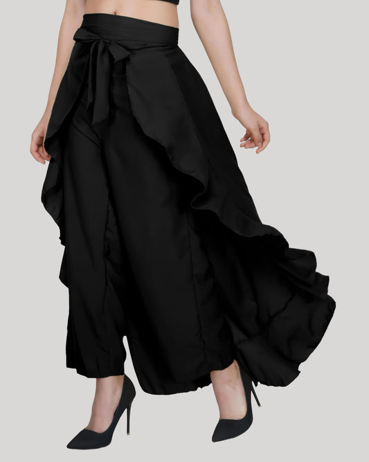 HESHA BLACK SOLID RUFFLED WRAP MAXI SKIRT WITH ATTACHED PALAZZO
