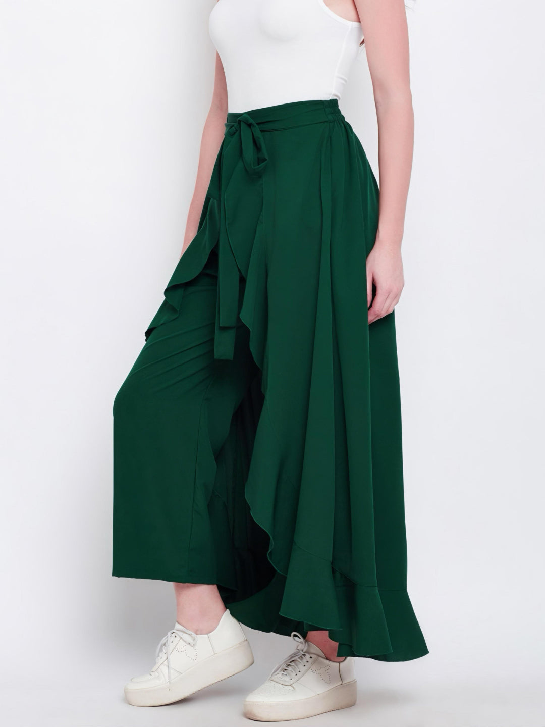 HESHA GREEN SOLID RUFFLED WRAP MAXI SKIRT WITH ATTACHED PALAZZO