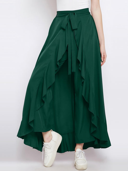 HESHA GREEN SOLID RUFFLED WRAP MAXI SKIRT WITH ATTACHED PALAZZO