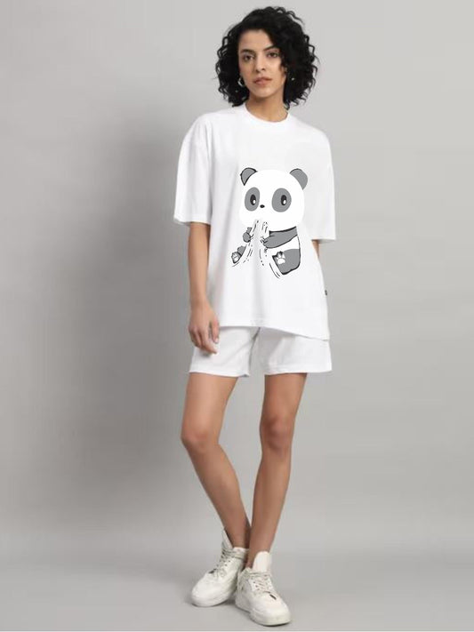 HESHA HUNGRY PANDA WOMEN OVERSIZE PRINTED TSHIRT