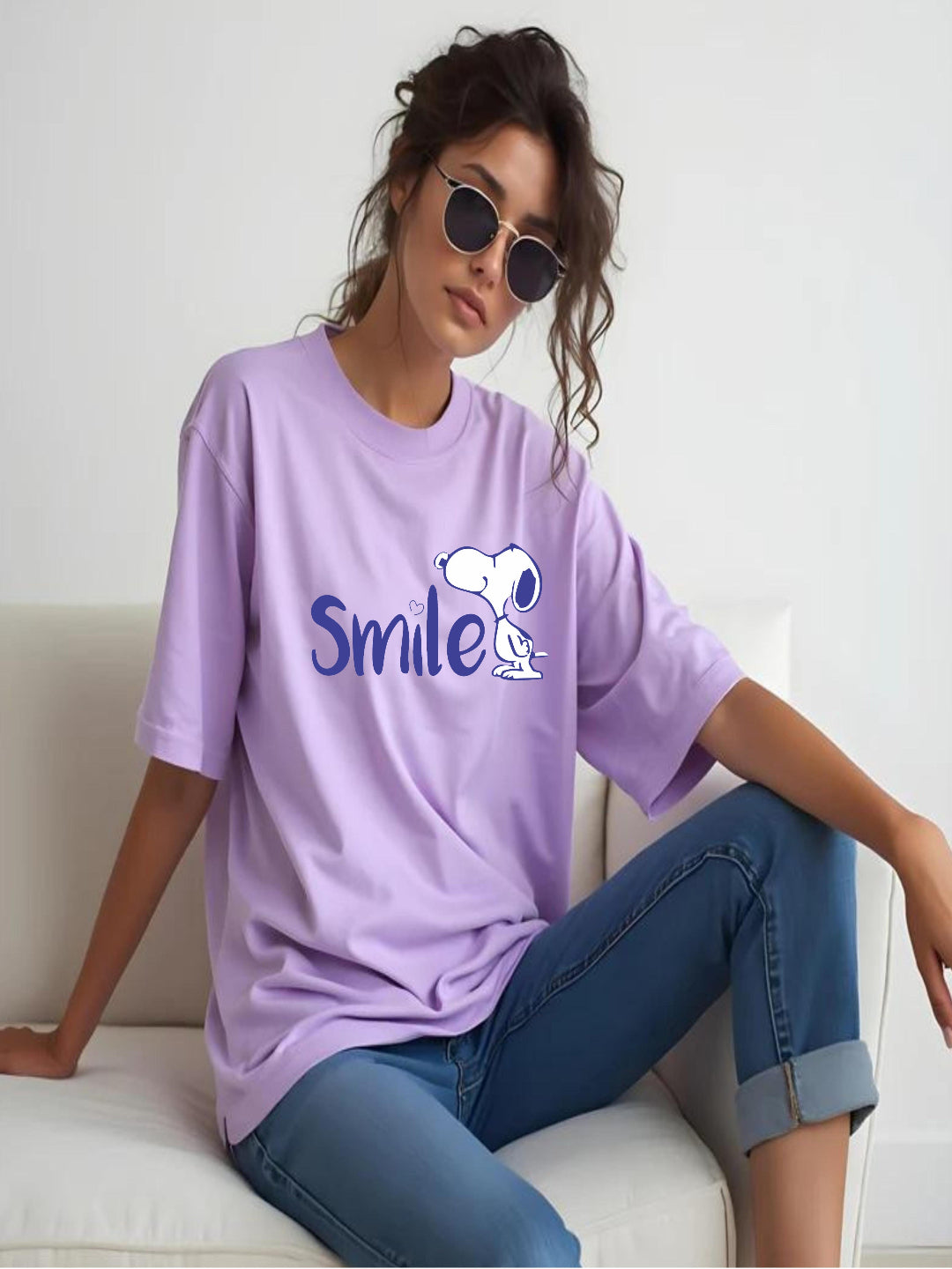 HESHA SNOOPY SMILE WOMEN OVERSIZE PRINTED TSHIRT