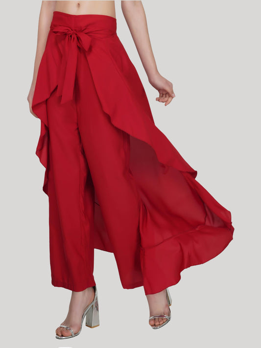 HESHA MAROON SOLID RUFFLED WRAP MAXI SKIRT WITH ATTACHED PALAZZO