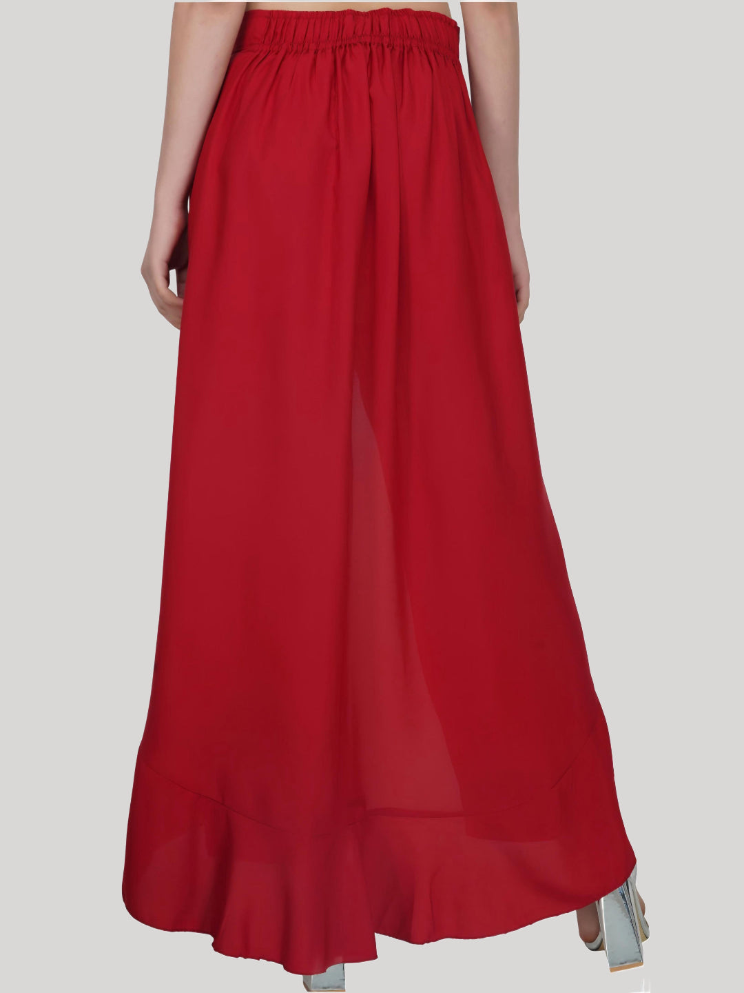 HESHA MAROON SOLID RUFFLED WRAP MAXI SKIRT WITH ATTACHED PALAZZO