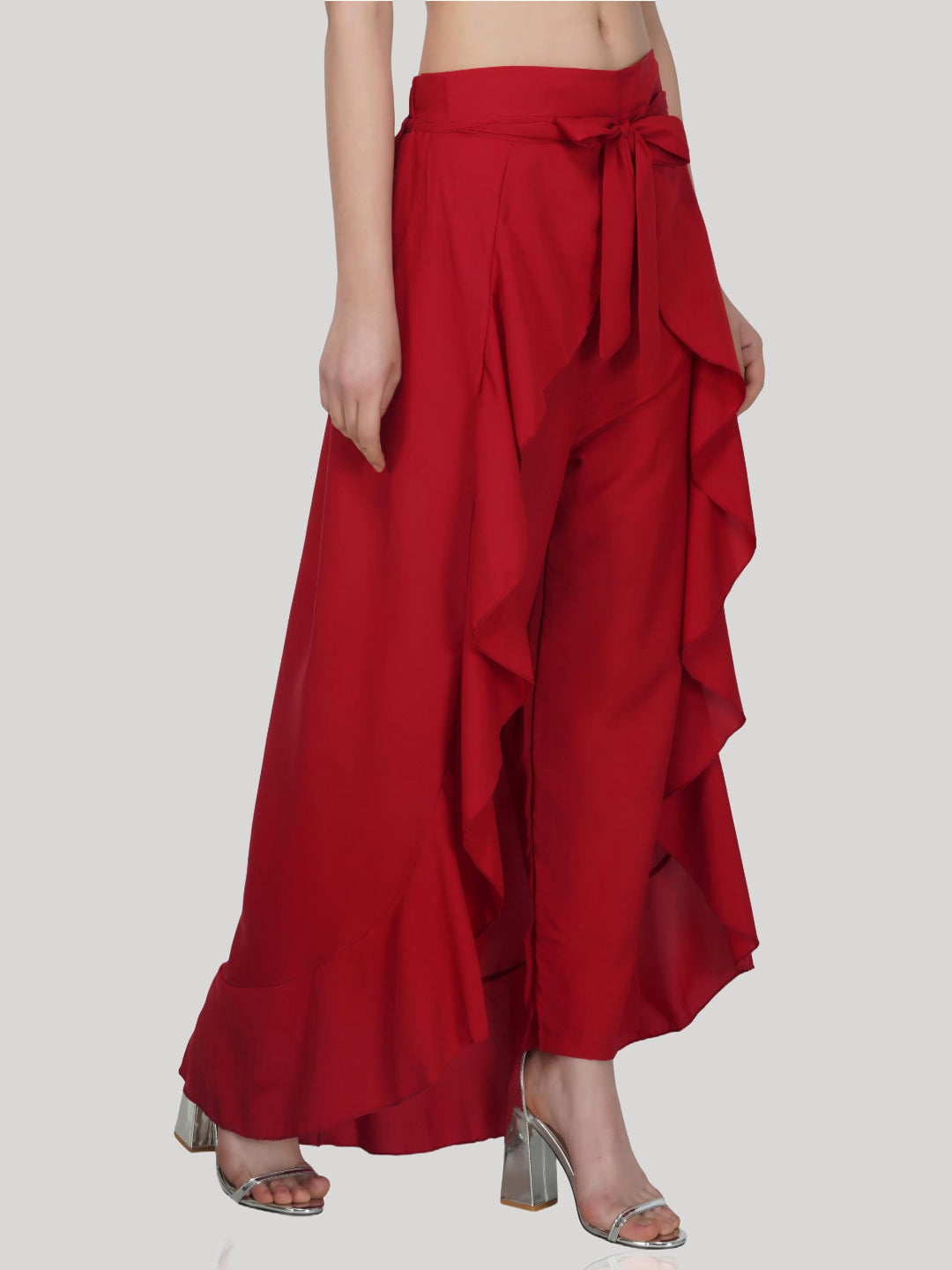 HESHA MAROON SOLID RUFFLED WRAP MAXI SKIRT WITH ATTACHED PALAZZO