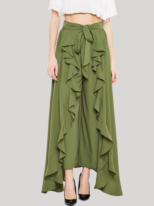 HESHA OLIVE SOLID RUFFLED WRAP MAXI SKIRT WITH ATTACHED PALAZZO