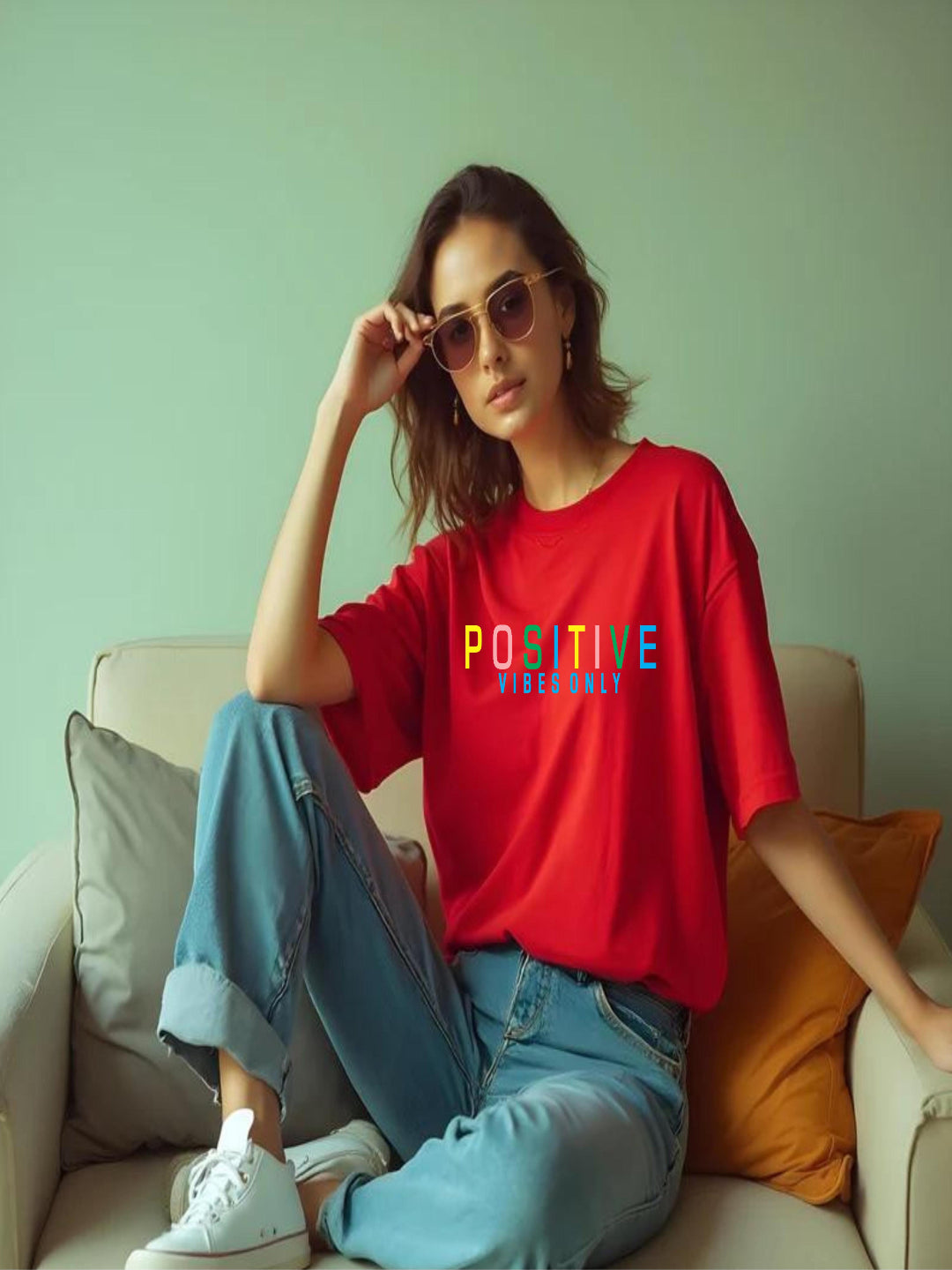 HESHA POSITIVE VIBES ONLY WOMEN OVERSIZE PRINTED TSHIRT