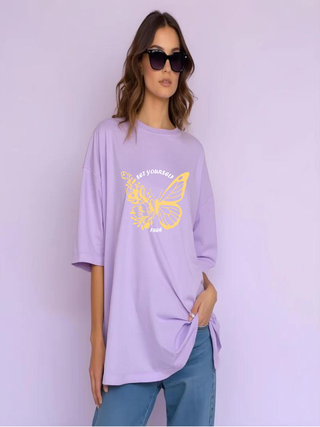 HESHA SET YOUR SELF BATERFLY WOMEN OVERSIZE PRINTED TSHIRT