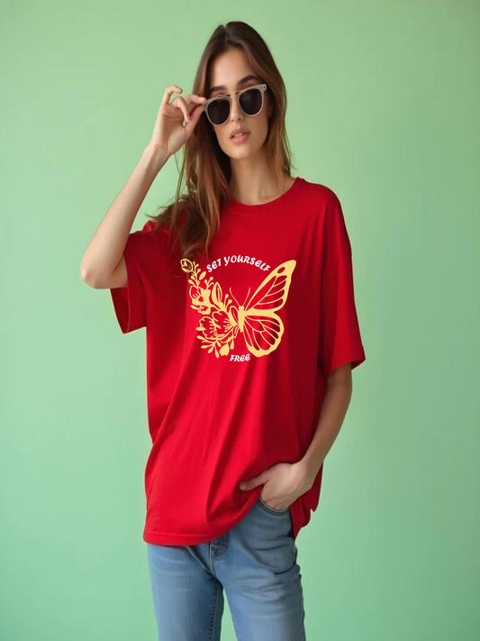 HESHA SET YOUR SELF BATERFLY WOMEN OVERSIZE PRINTED TSHIRT