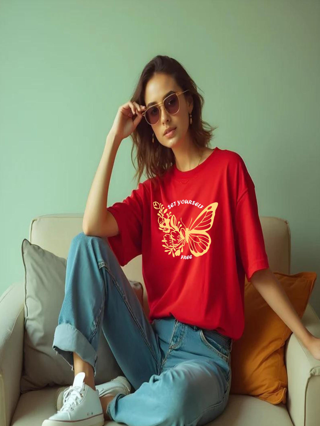 HESHA SET YOUR SELF BATERFLY WOMEN OVERSIZE PRINTED TSHIRT