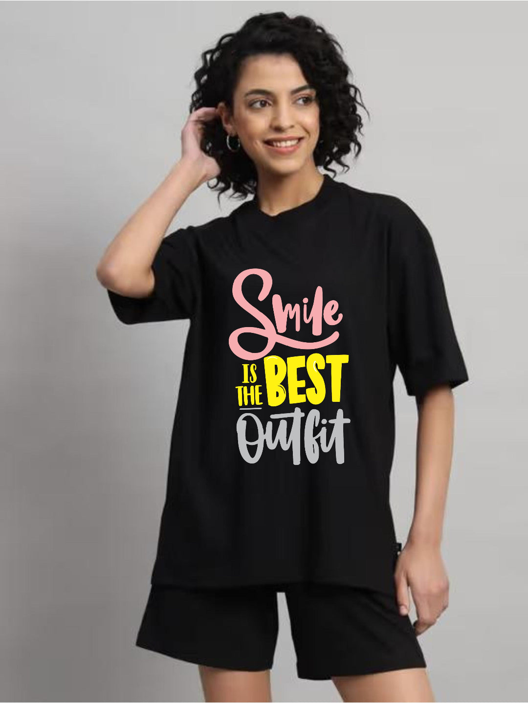 HESHA SMILE IS THE BEST WOMEN OVERSIZE PRINTED TSHIRT