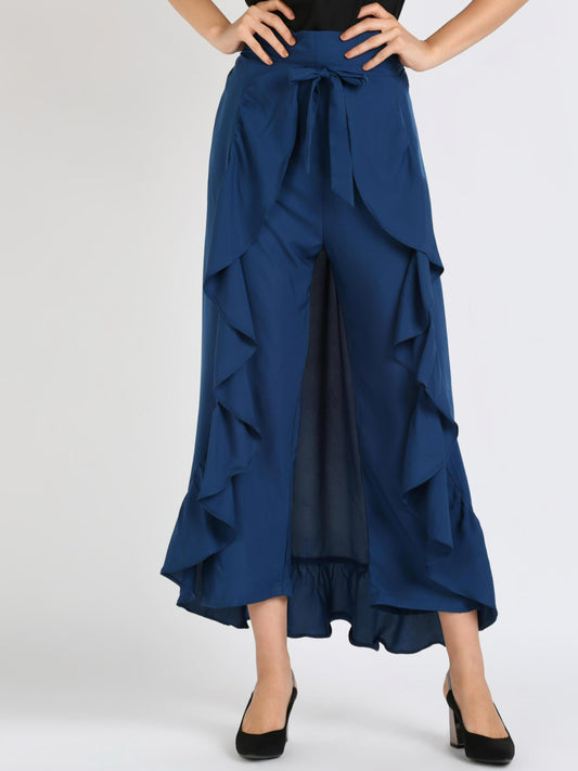 HESHA TEAL BLUE SOLID RUFFLED WRAP MAXI SKIRT WITH ATTACHED PALAZZO