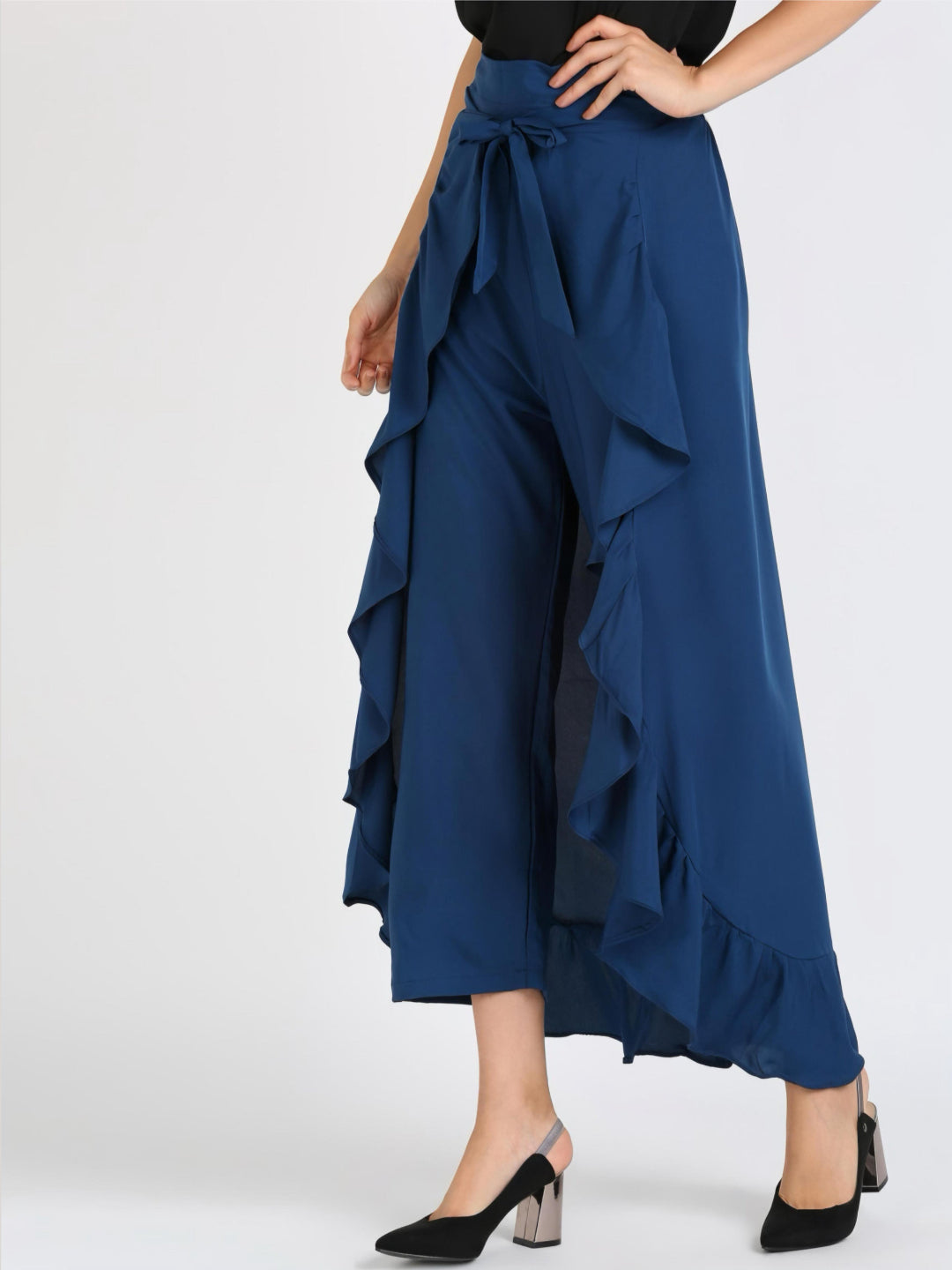 HESHA TEAL BLUE SOLID RUFFLED WRAP MAXI SKIRT WITH ATTACHED PALAZZO