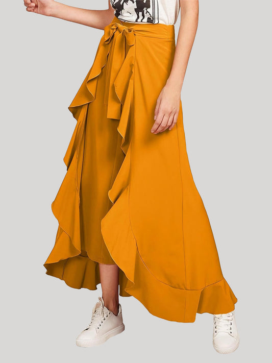 HESHA YELLOW SOLID RUFFLED WRAP MAXI SKIRT WITH ATTACHED PALAZZO