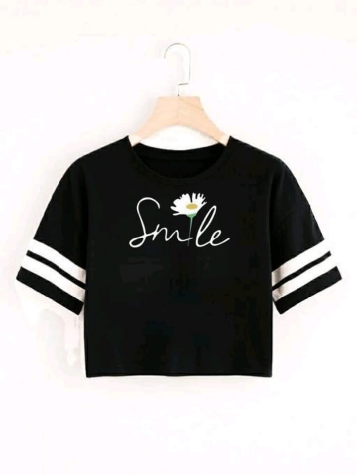 SMILE FLOWER STRP CROP TSHIRT