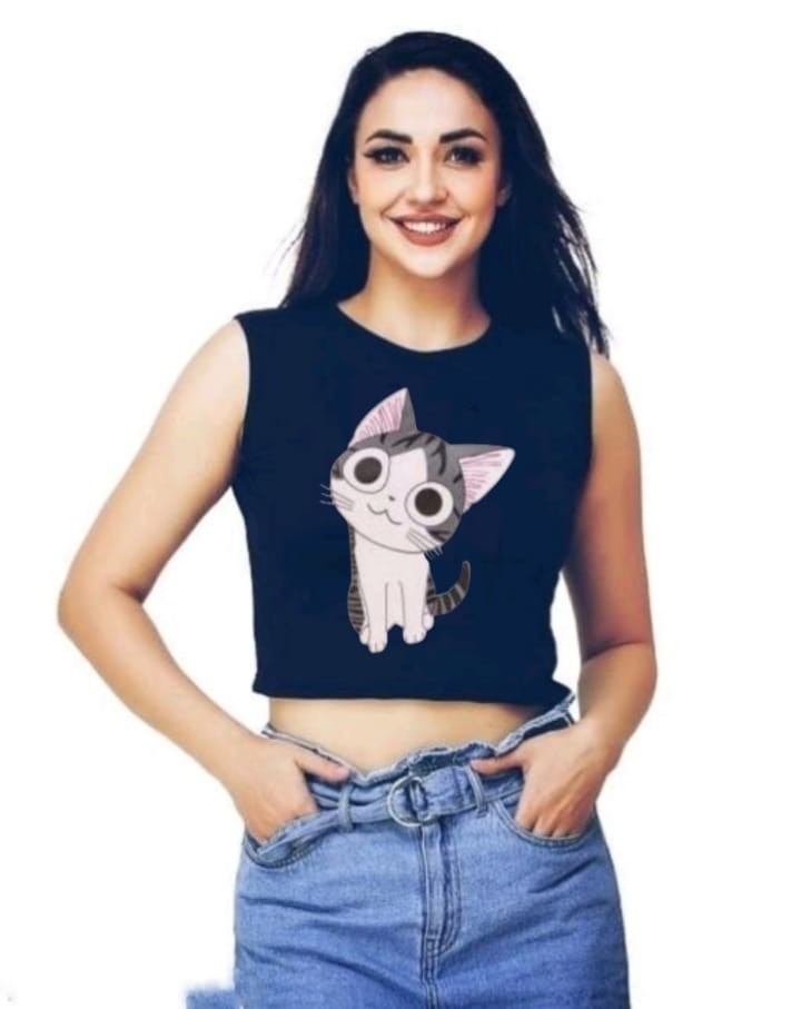 CAT SLEEVELESS CROP TSHIRT